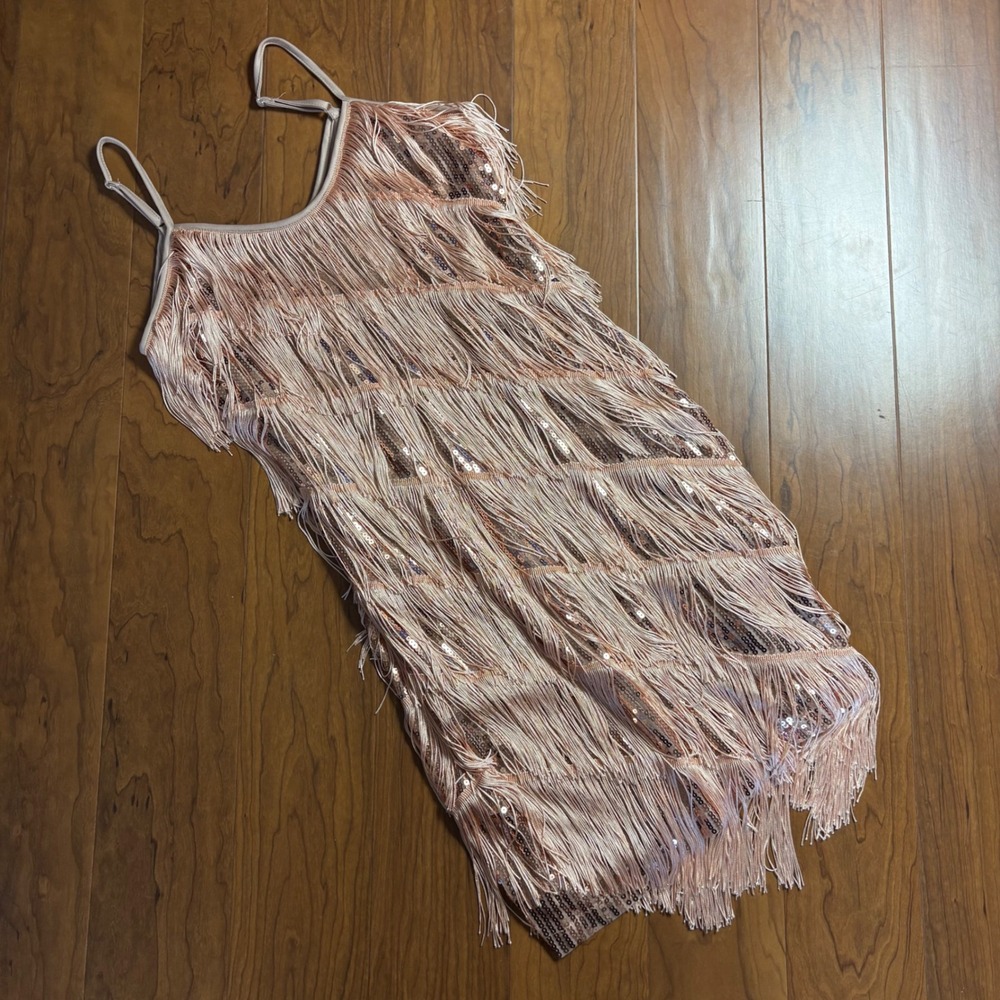 Rose Gold Sequin Fringe Flapper Mini Dress Sleeveless Party Cocktail Small